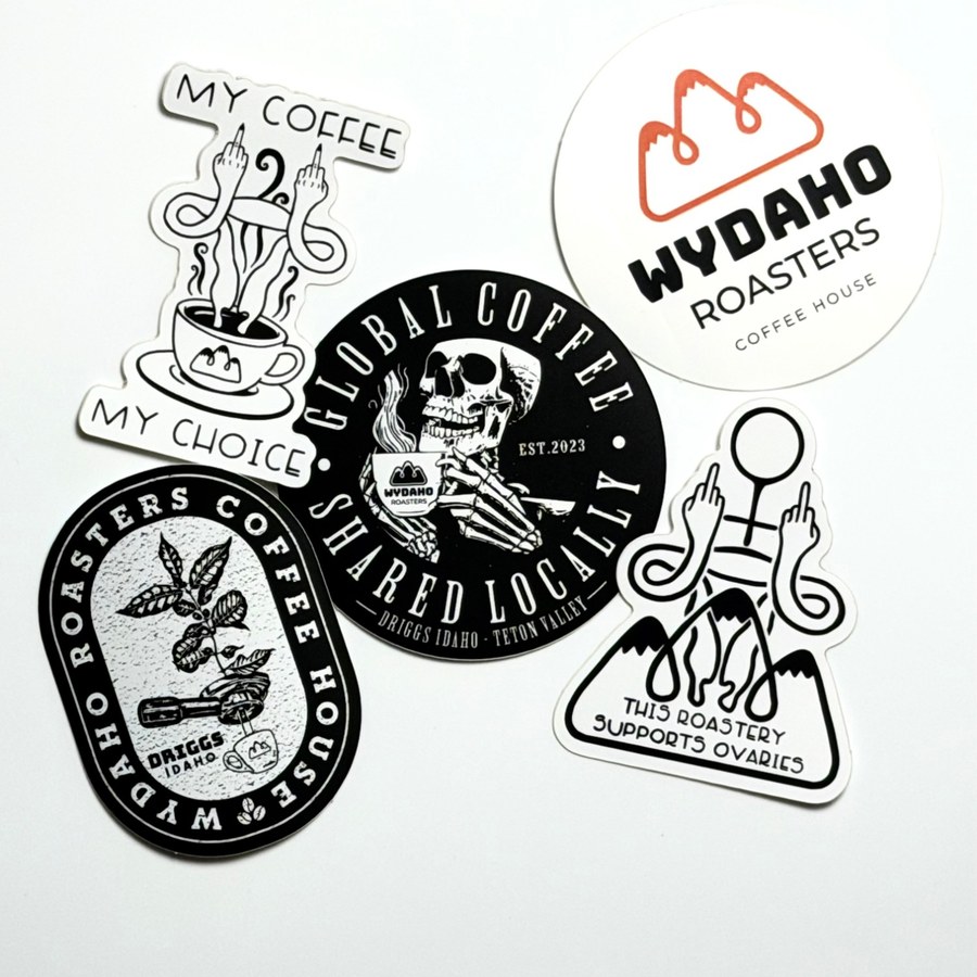 All five Wydaho Roasters stickers laid out together